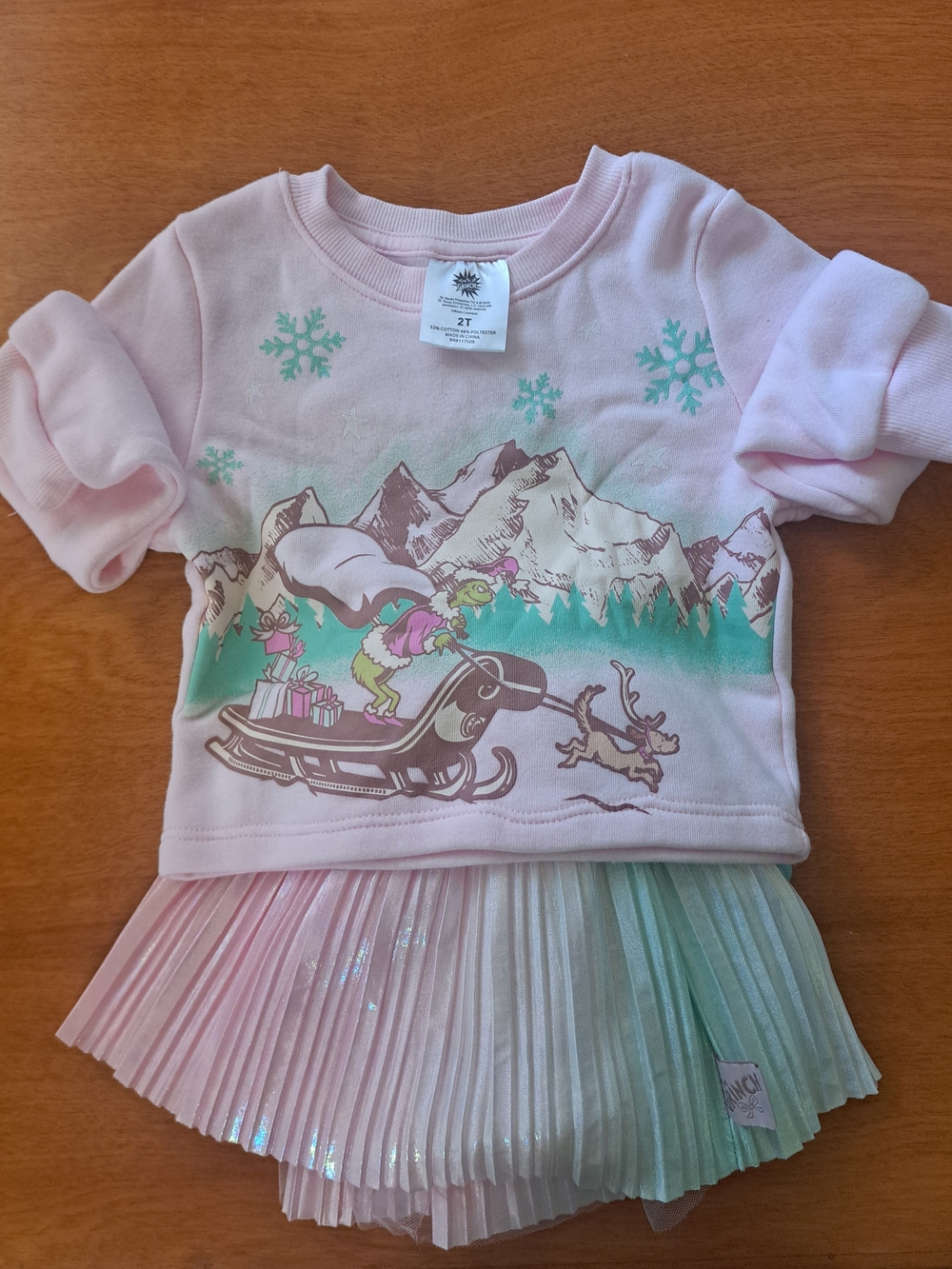 Toddler Pink & Mint Grinch Sweatshirt And Skirt Set